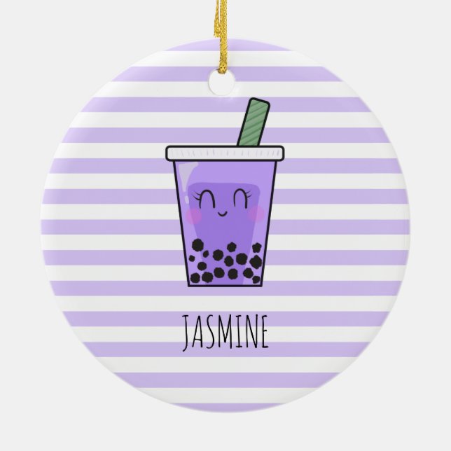 I Kärlek Boba Kawaii Bubble Tea Taro Ube Lila Julgransprydnad Keramik (Baksidan)