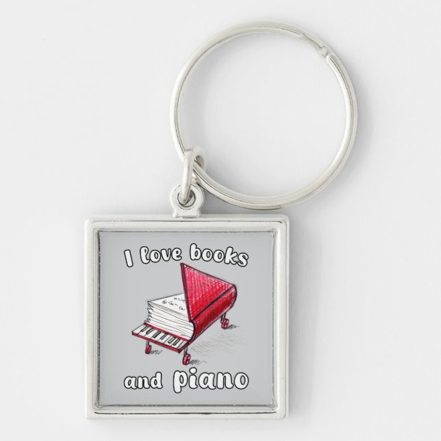 I Kärlek Bokar och Piano, autentisk frihandskonst Fyrkantig Silverfärgad Nyckelring (Framsidan)