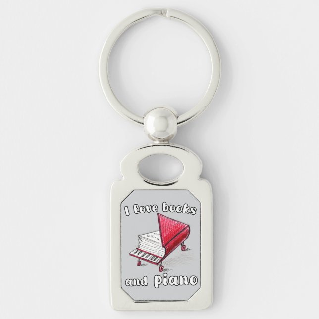 I Kärlek Bokar och Piano, autentisk frihandskonst Rektangulärt Silverfärgad Nyckelring (Framsidan)
