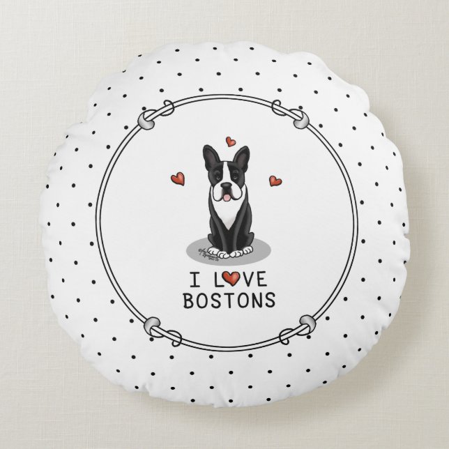 I Kärlek Bostons Boston Terriers (svartvitt) Rund Kudde (Framsidan)
