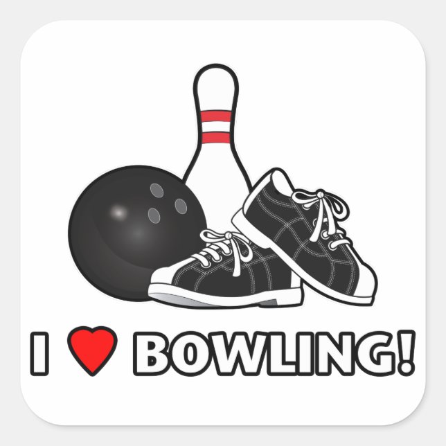 I Kärlek Bowling med Boll, skor och stift Fyrkantigt Klistermärke (Framsida)