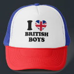 I kärlek British Boys Keps<br><div class="desc">Jag kärlek,  brittiska pojkar. Jag älskar brittiska pojkar. Med svarta tecken och hjärtat är med den engelska flagga. Om du är galen på pojkar som kom från Storbritannien.</div>