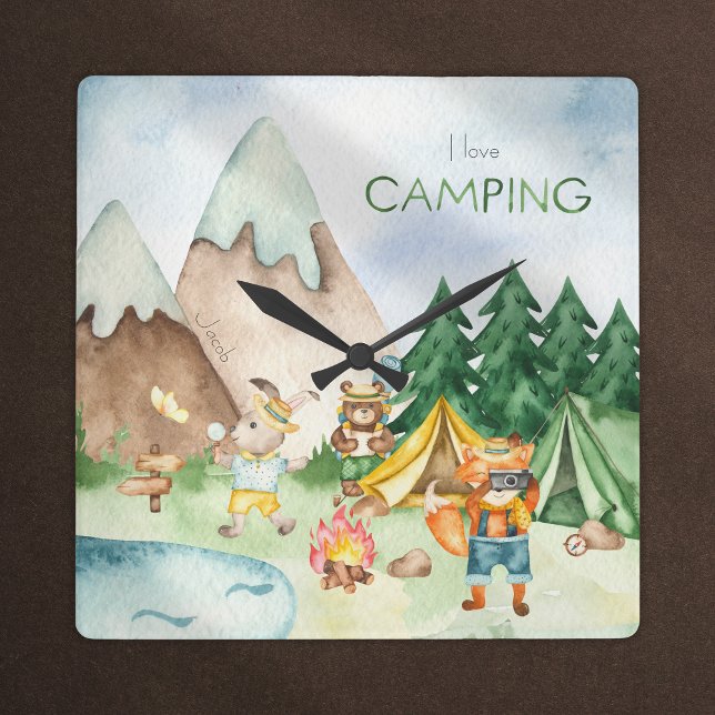 I Kärlek Camping Woodland Animal Kids Watercolor Fyrkantig Klocka (Skapare uppladdad)