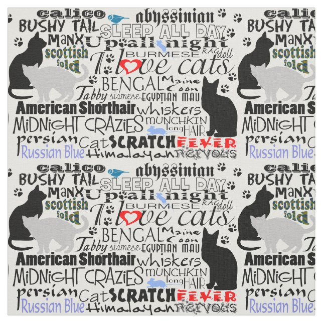 I Kärlek Cats Black & White Newsprint Typography Tyg (Provkarta)
