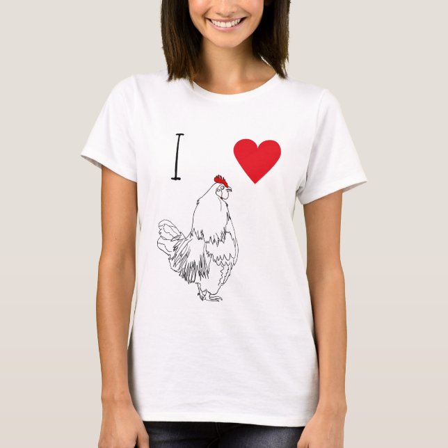 I Kärlek Chickens Red Heart & Cute Cockerel Teckni T Shirt (Framsida)