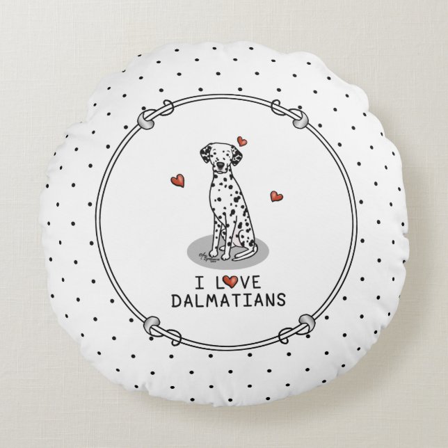 I Kärlek Dalmatier (svart 1) Hearts Roligt Rund Kudde (Framsidan)