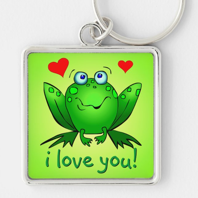 I Kärlek, din Tecknad Frog Hearts Cute Smile Fyrkantig Silverfärgad Nyckelring (Framsidan)