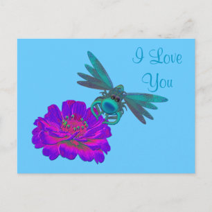 I Kärlek Dragonfly Zinnia Flower Postcard Vykort
