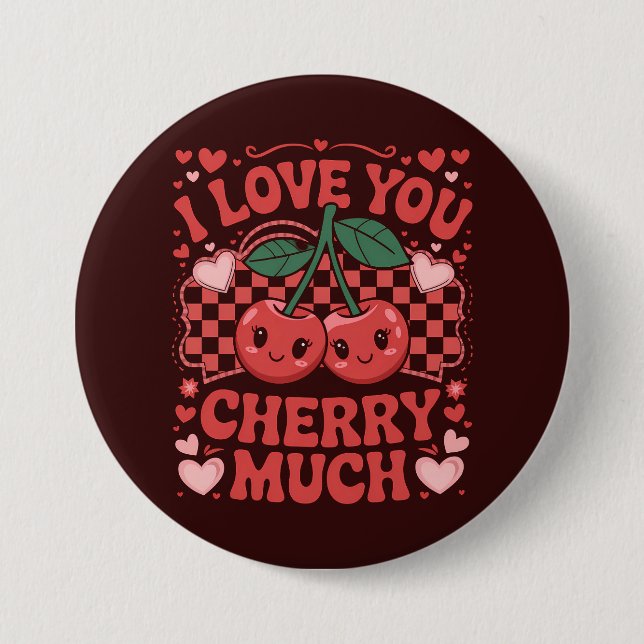I Kärlek du Cherry Mo Groovy Cute Fruit Valentine Knapp (Framsida)