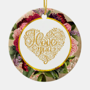 I Kärlek Du Finare Golden Heart med Blommigt Ram Julgransprydnad Keramik