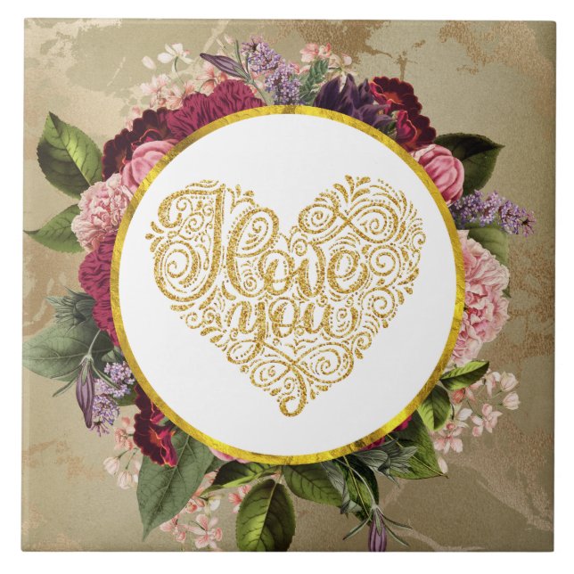I Kärlek Du Finare Golden Heart med Blommigt Ram Kakelplatta (Framsidan)