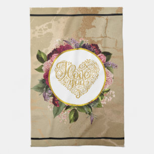 I Kärlek Du Finare Golden Heart med Blommigt Ram Kökshandduk