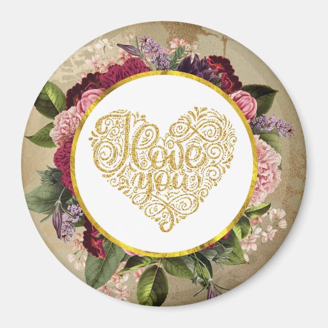 I Kärlek Du Finare Golden Heart med Blommigt Ram Magnet (Framsidan)