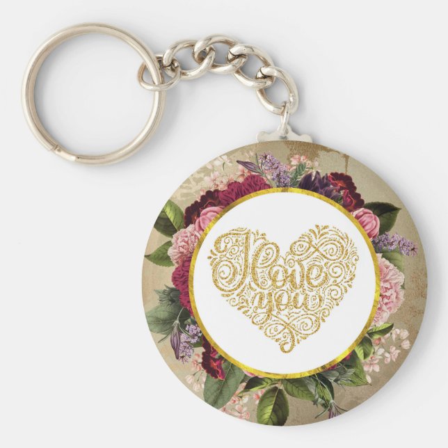 I Kärlek Du Finare Golden Heart med Blommigt Ram Nyckelring (Framsidan)