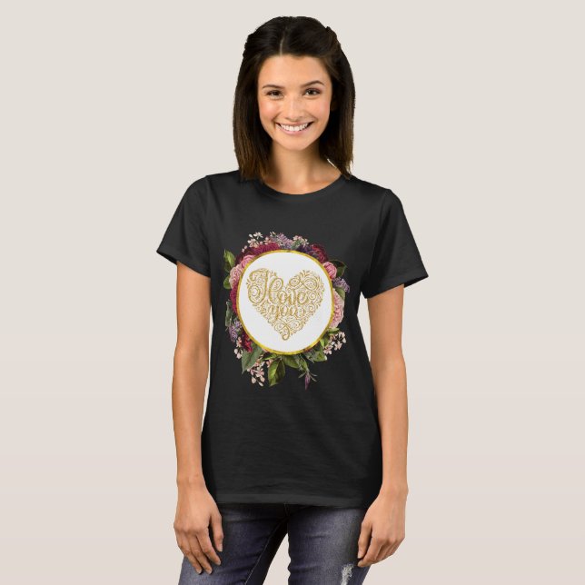 I Kärlek Du Finare Golden Heart med Blommigt Ram T Shirt (Hel framsida)