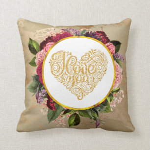 I Kärlek Du Finare Golden Ornate Heart med Florals Kudde