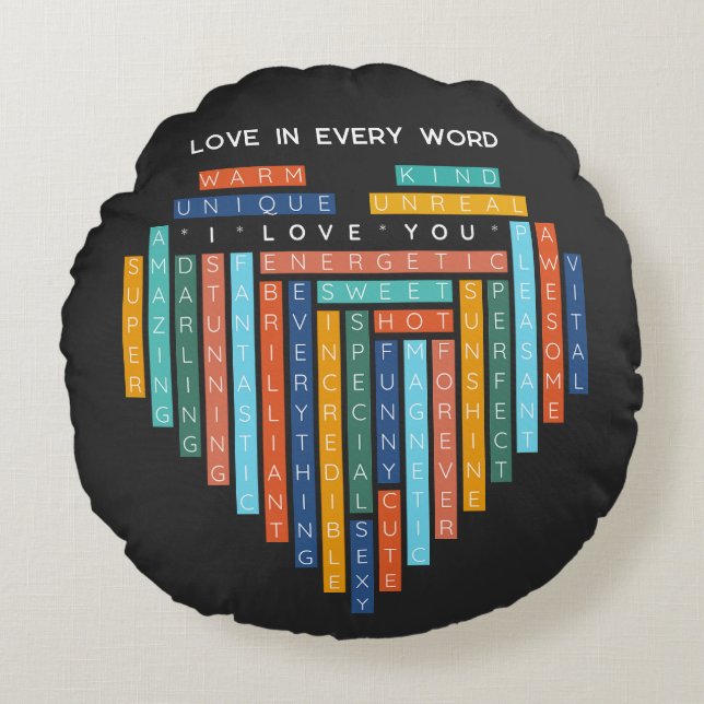 I Kärlek du - Kärlek Ord Quest - Hjärtpussel Rund Kudde (Framsidan)