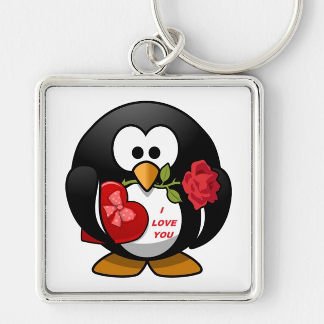 "I KÄRLEK DU" PENGUIN FYRKANTIG SILVERFÄRGAD NYCKELRING (Framsidan)