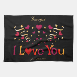 I KÄRLEK DU Red Heart Guld Ribbon Black Valentine Kökshandduk