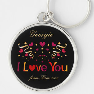 I KÄRLEK DU Red Heart Guld Ribbon Black Valentine Rund Silverfärgad Nyckelring