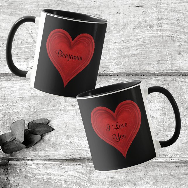 I Kärlek du Red Minimalist Heart Black Namn Mugg (Front And Back)
