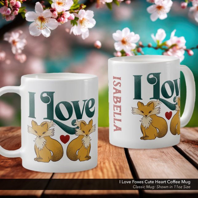 I Kärlek Foxes Cute Heart Kaffemugg ("I Love Foxes" Personalized Coffee Mug with Whimsical Hand Drawn Fox Artwork.
)