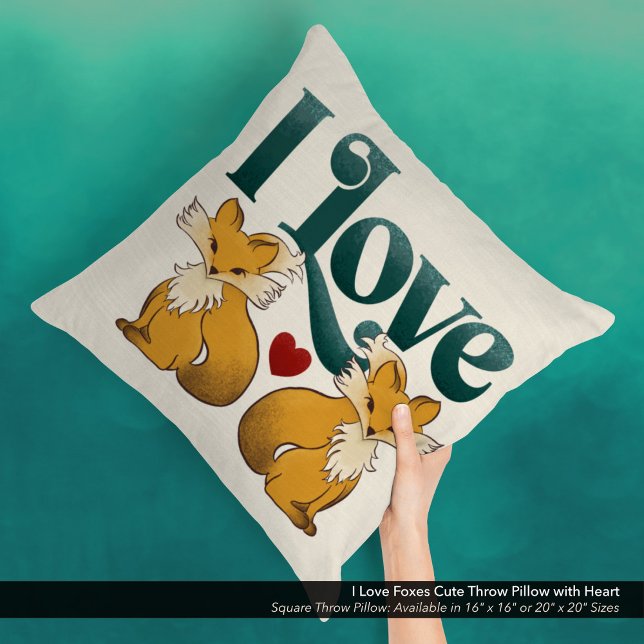 I Kärlek Foxes Cute Heart Kudde ("I Love Foxes" Cute Square Throw Pillow with Heart.)