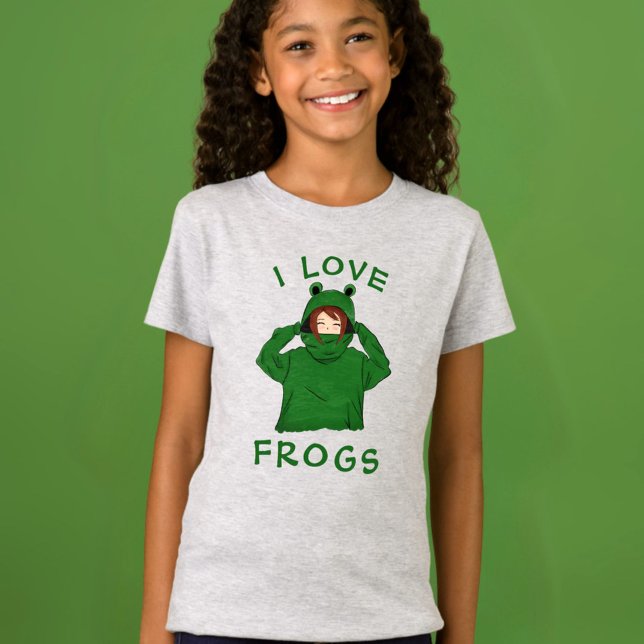 I Kärlek Frogs Cute Girl in Grönt Frog Hoodie T Shirt (Skapare uppladdad)