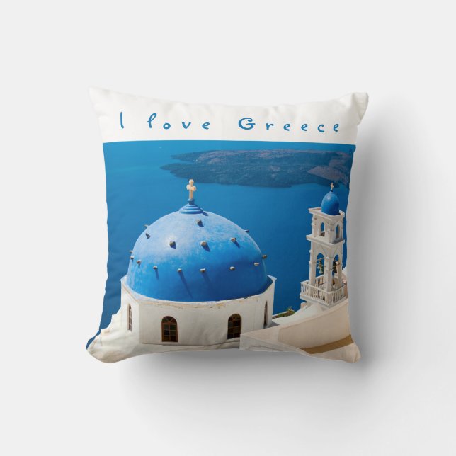 I kärlek Grekland Church Santorini, blått foto och Kudde (Framsida)