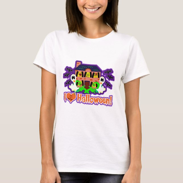 I Kärlek Halloween Haunted House Epic Illustration Tee (Framsida)