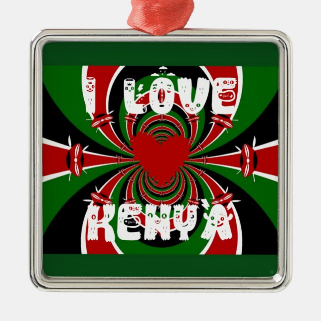 I Kärlek Heart Kenya: Dynamisk Flagga Art Julgransprydnad Metall (Framsidan)