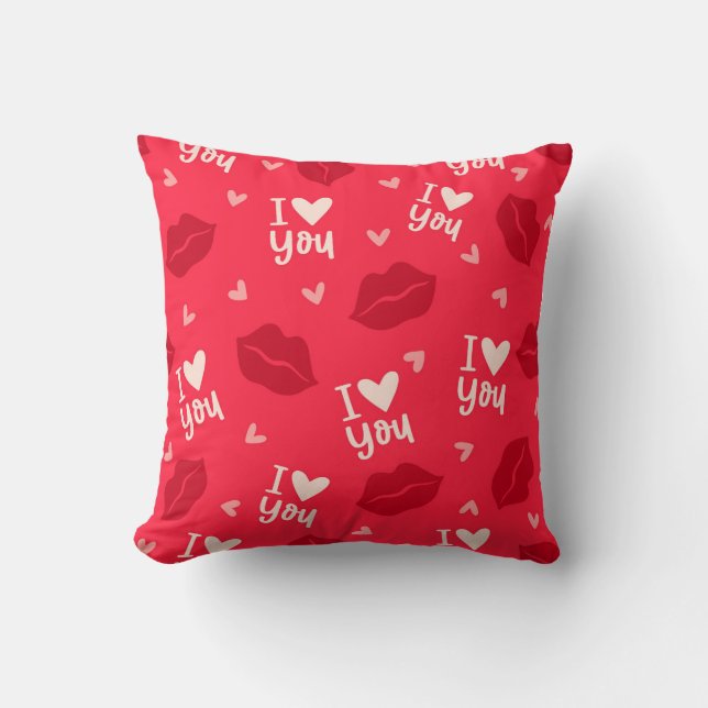 I Kärlek Hearts Läppar Kisses Red Romantic Kudde (Framsida)
