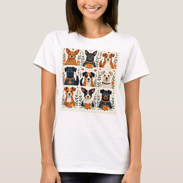 I Kärlek Hundar - Folk Art 3x3 stil T Shirt (Framsida)