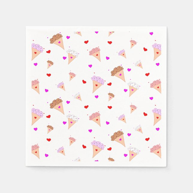 I Kärlek Ice Cream, Cones Hearts Flavors Mönster Pappersservett (Framsidan)