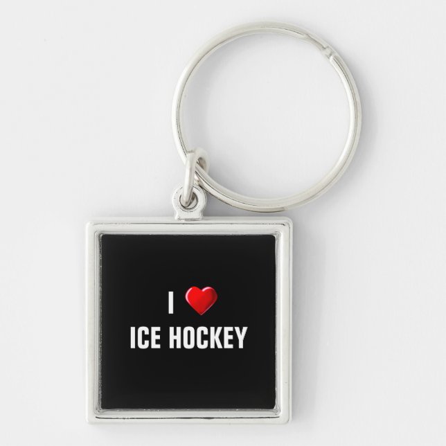 I Kärlek Ice Hockey Keychain Fyrkantig Silverfärgad Nyckelring (Framsidan)