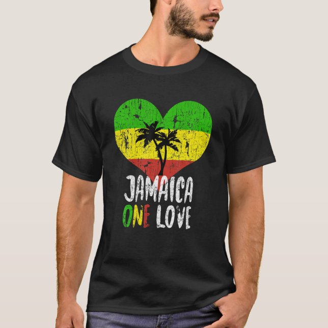 I Kärlek Jamaica One Kärlek Handflatan Träd Reggae T Shirt (Framsida)