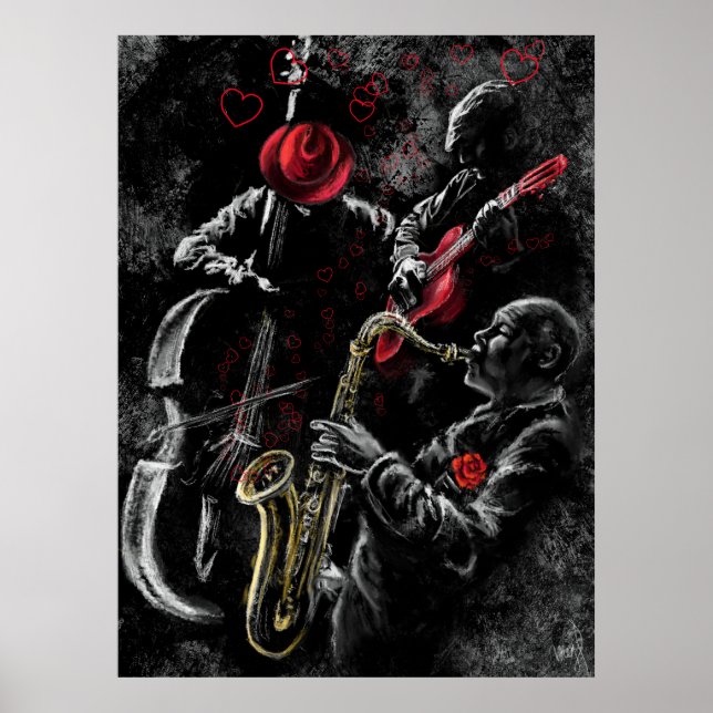 I Kärlek Jazz Music Poster - målarteckning (Framsidan)
