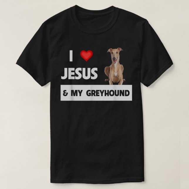 I Kärlek Jesus och min greyhound Hund Pet Pare Par T Shirt (Design framsida)