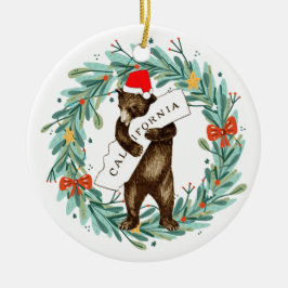 I Kärlek, Kalifornien Bear med Santa Hat Julgransprydnad Keramik