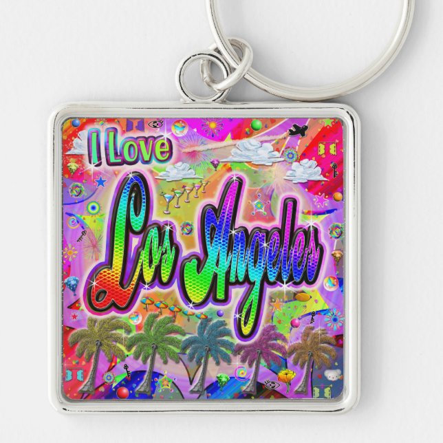 I KÄRLEK Los Angeles Vista Express Keychain Fyrkantig Silverfärgad Nyckelring (Framsidan)
