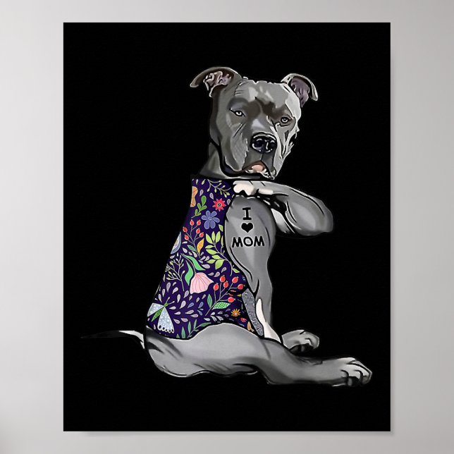 I Kärlek Mamma Funny Pitbull Hund Tattoo Flower Mo Poster (Framsidan)