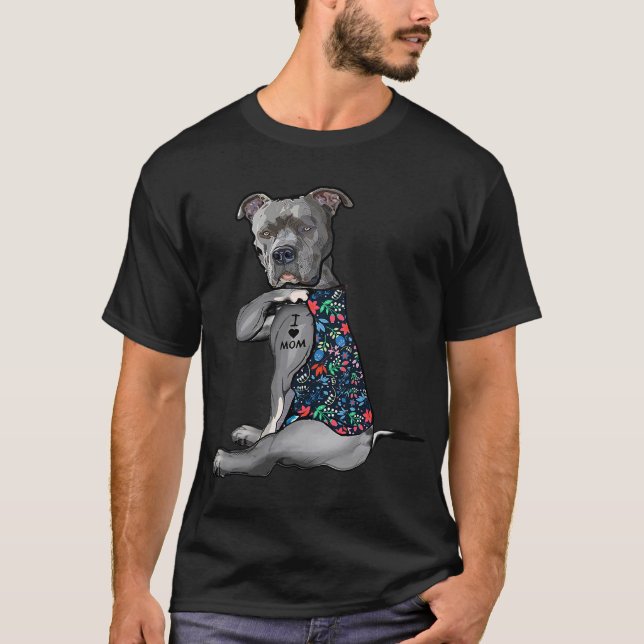 I Kärlek Mamma Funny Pitbull Hund Tattoo Flower Mo T Shirt (Framsida)