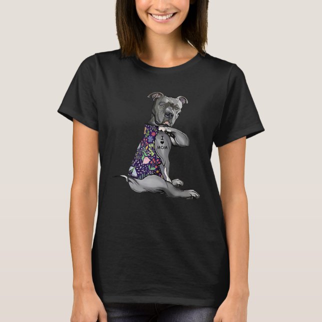 I Kärlek Mamma Funny Pitbull Hund Tattoo Flower T Shirt (Framsida)