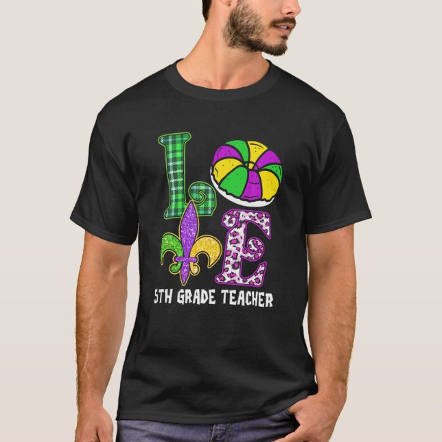 I Kärlek Mardi Gras 5Th Klass Lärare Leopard Play T Shirt (Framsida)