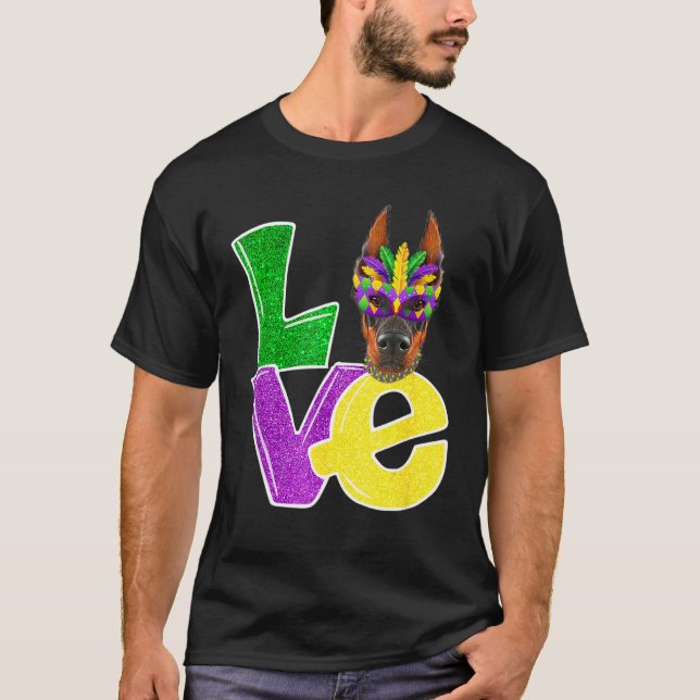 I Kärlek Mardi Gras Costume Doberman Hund Puppy T Shirt (Framsida)