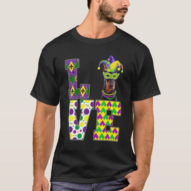 I Kärlek Mardi Gras Doberman Hund Mask Festival T Shirt (Framsida)