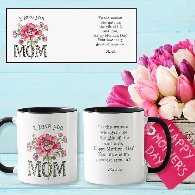 I kärlek, meddelande om anpassningsbar av MAMMA-bl Mugg (I love you MOM flower custom message/name Mug)