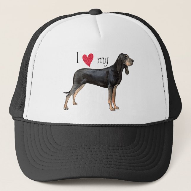 I Kärlek min Black och Tan Coonhound Truckerkeps (Framsida)
