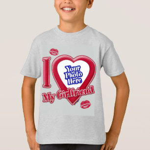 I Kärlek Min flickvän Photo Red Heart Kiss Grått T Shirt