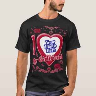 I Kärlek Min flickvän Photo Red Hearts Kiss Black T Shirt